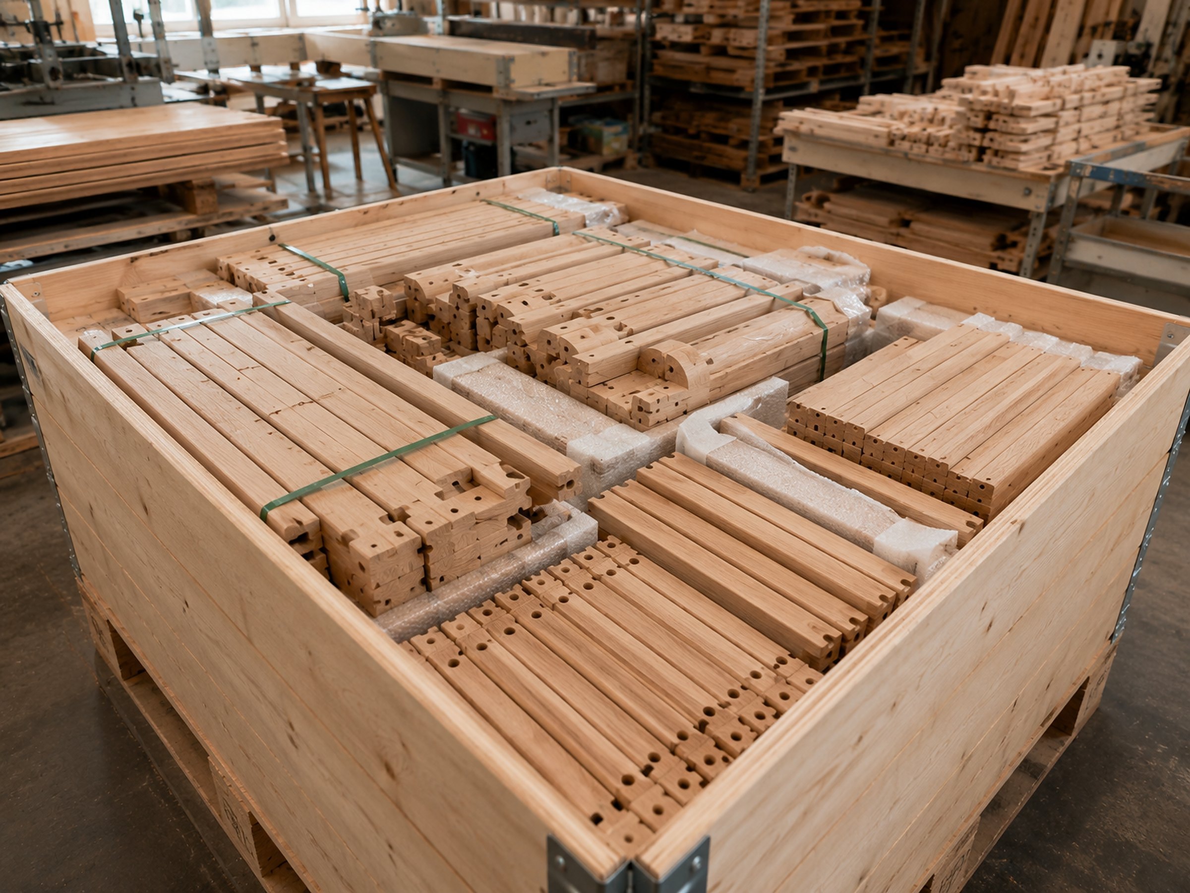 Wooden components protected in a crate for pickup or shipping